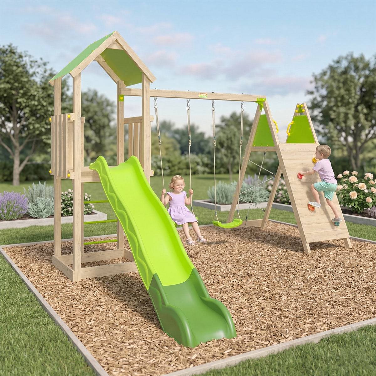 Trigano Jardin - Aire de jeux bois 2,20 m OLYMPIA XPERIENCE VERT- 9 enfants - Image 2