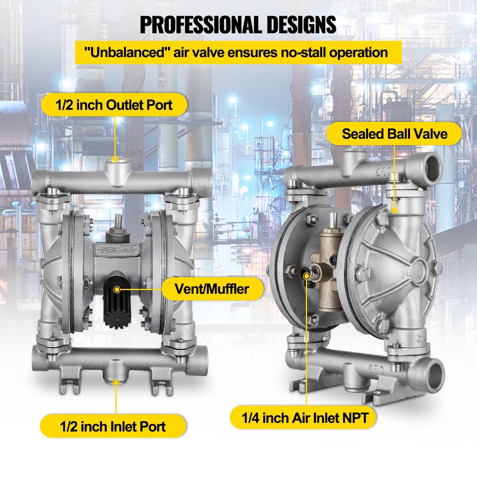 VEVOR Pompe pneumatique double membrane, acier inox. Entrée/sortie 12.7mm, 3 GPM. Pour pétrole, diesel, huile. - Image 5