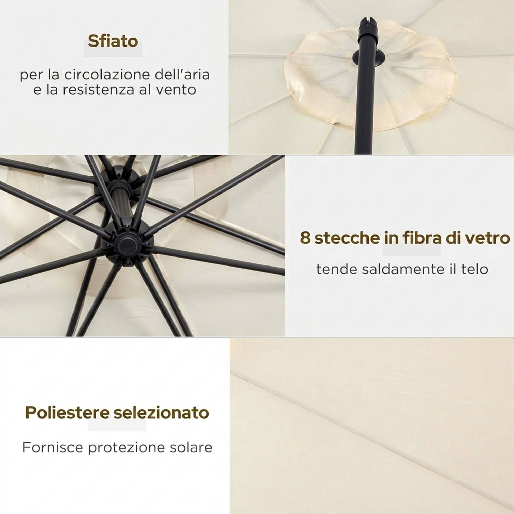 Parasol déporté de jardin avec base en croix incluse, en métal et polyester, 3x2,5 m, beige - Image 8