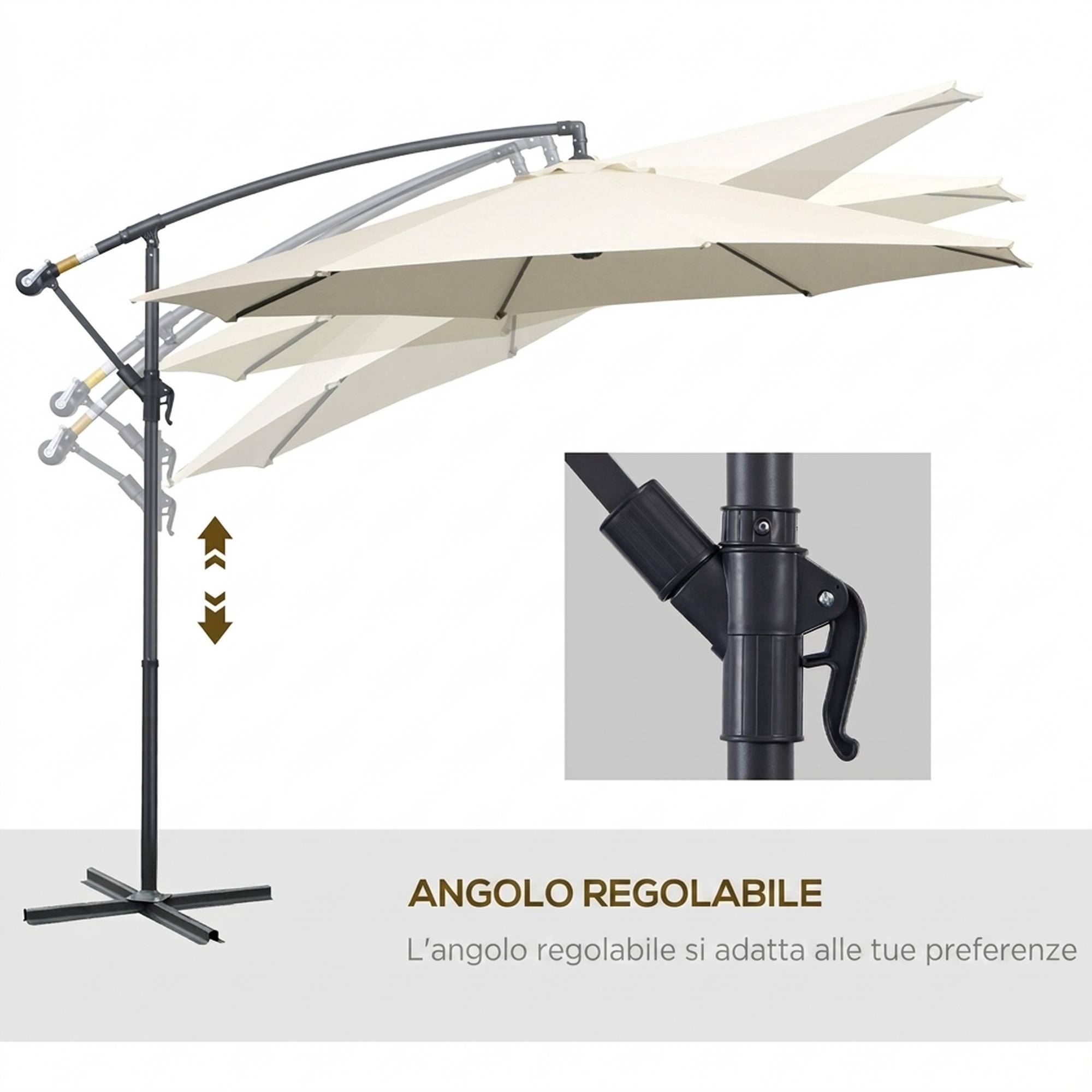Parasol déporté de jardin avec base en croix incluse, en métal et polyester, 3x2,5 m, beige - Image 7