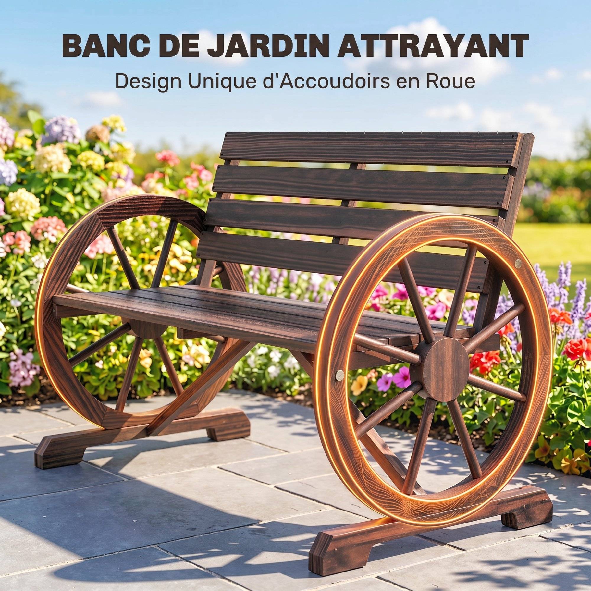 Banc de Jardin banc 3 places banc en bois Style Rustique Chic accoudoirs Roues carbonisation - Image 8