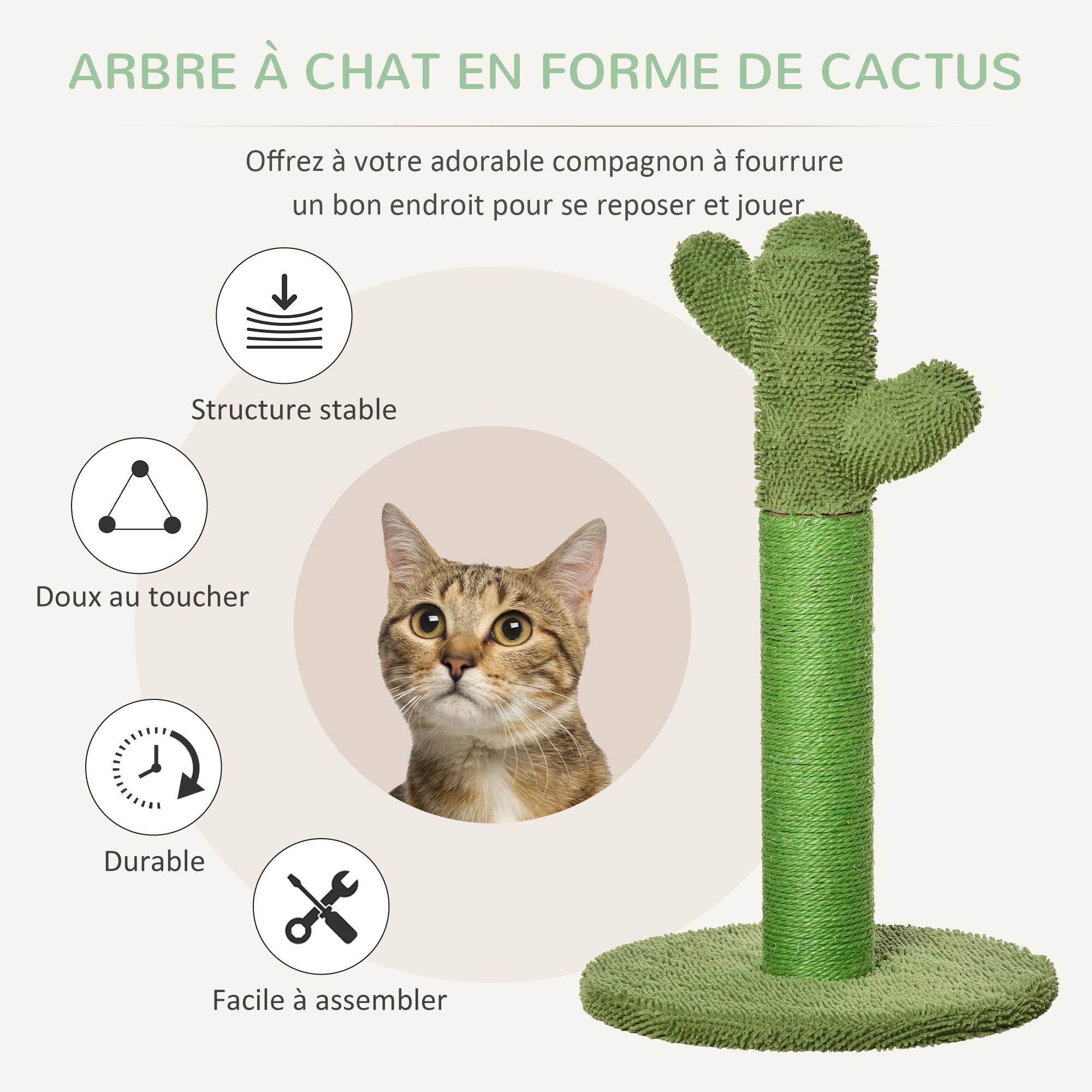 Sans Marque - Griffoir pour chat d'intérieur en forme de cactus, arbre à chat en sisal résistant avec base, 40 x 40 x 65 cm, vert - Image 6