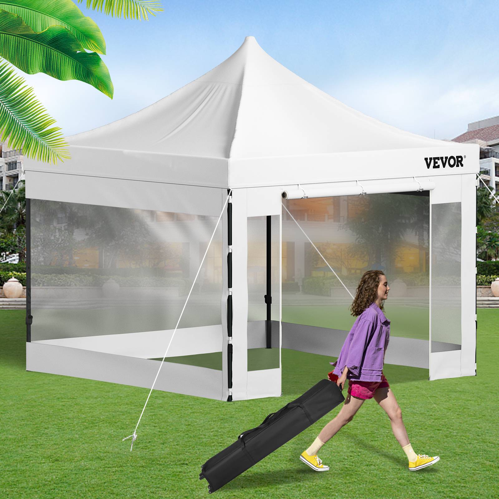 VEVOR Tonnelle imperméable 3x3m pop-up, parois latérales, résistante UV/pluie/neige, avec sac à roulettes. - Image 8