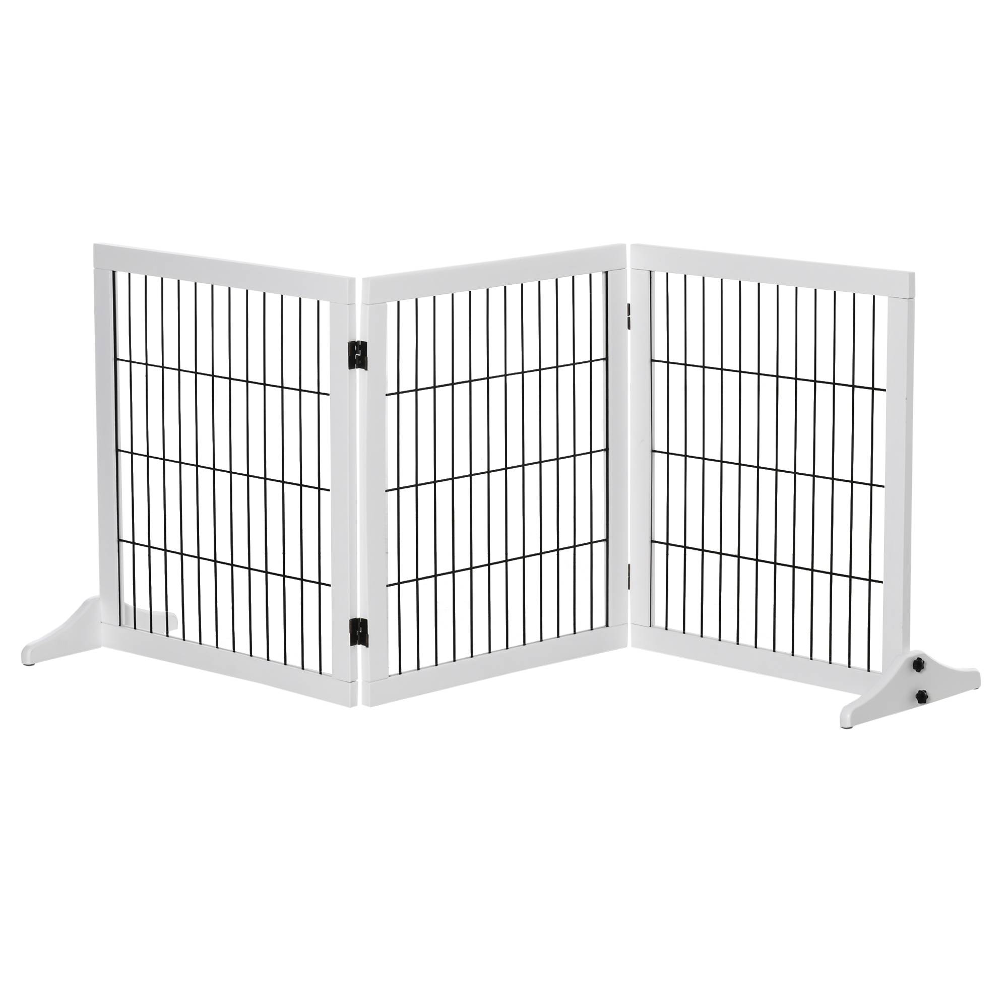 Barrière pour chien autoportante avec pieds 185 x 71 cm, bois, escaliers, portes, cuisine, 3 panneaux, blanc - Image 1