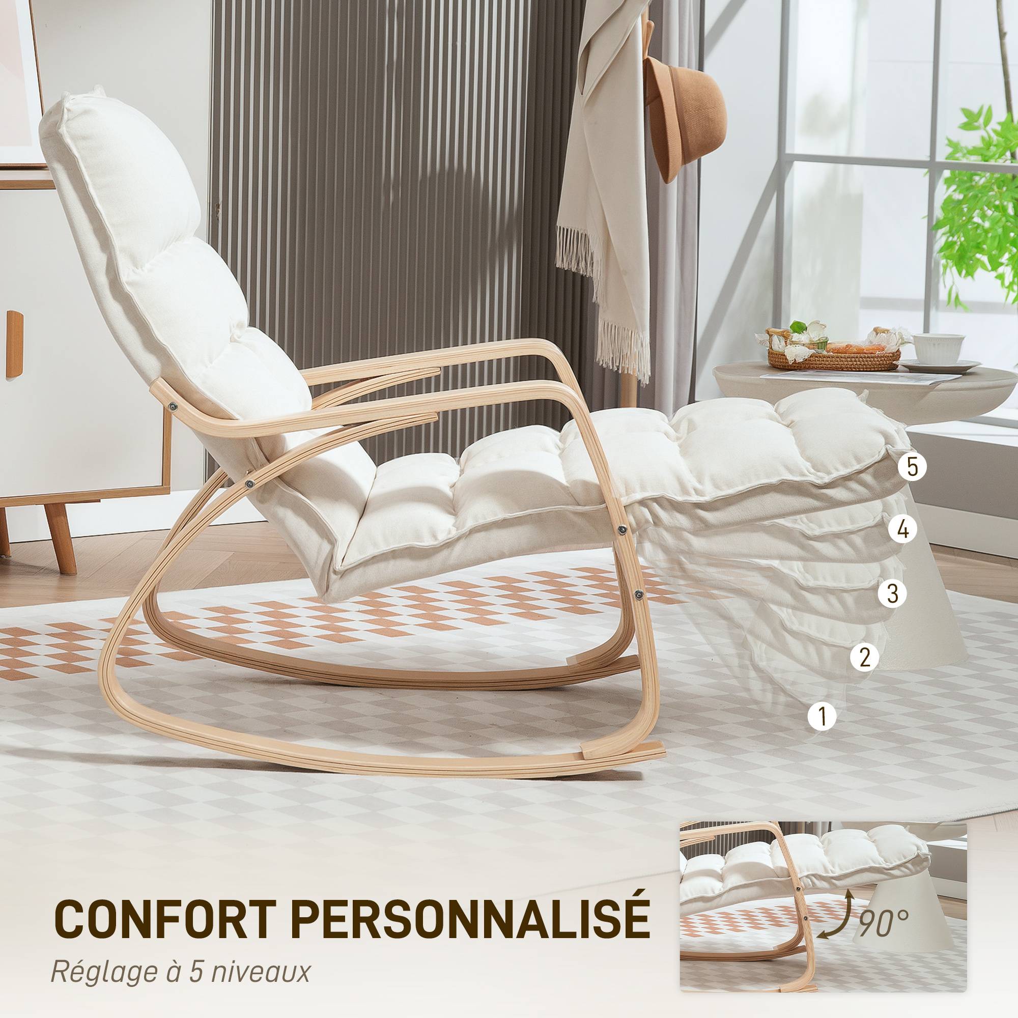 Fauteuil à bascule avec repose-pieds ajustable, rocking chair avec pieds en bois de bouleau, 67 x 106-123 x 92 cm, crème - Image 7