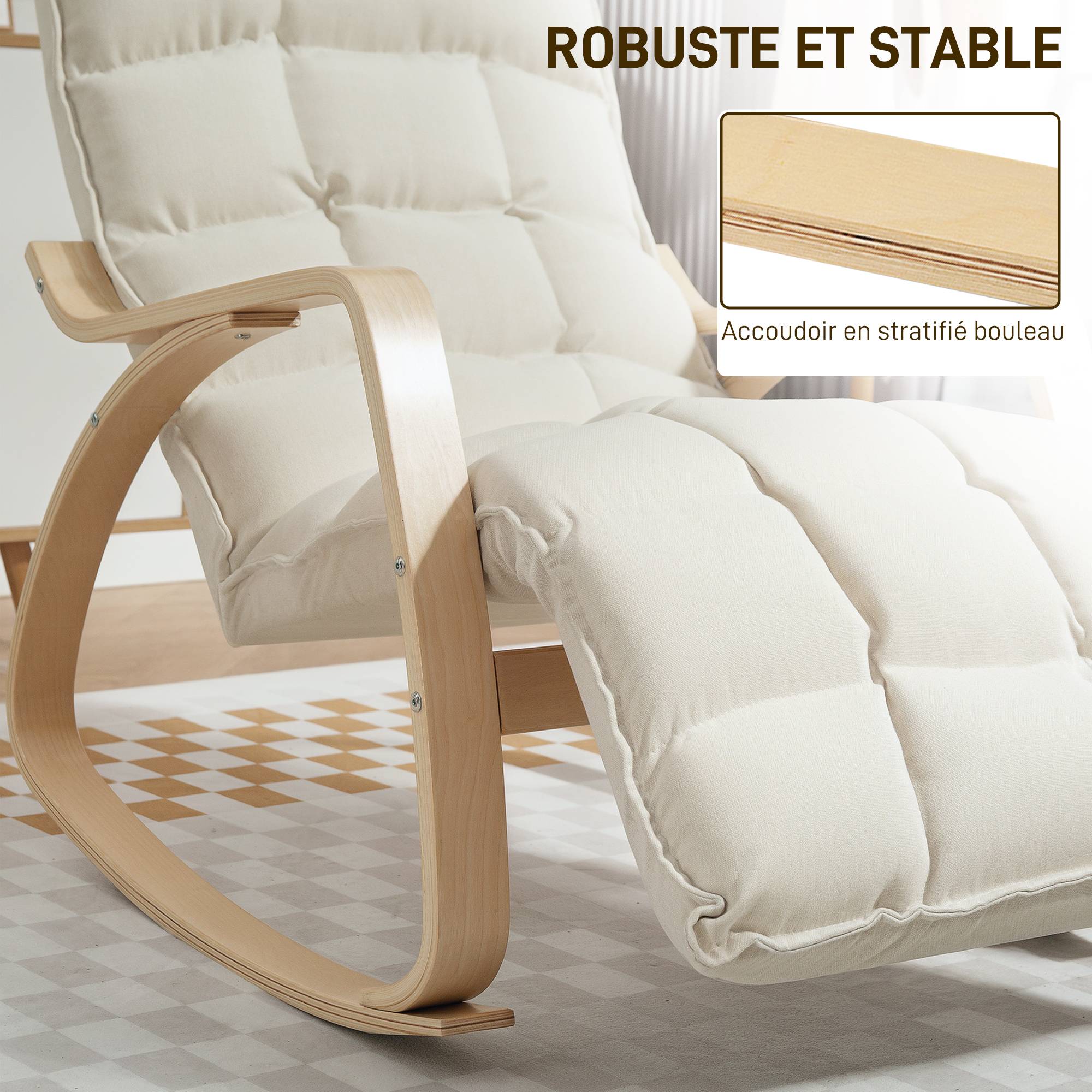 Fauteuil à bascule avec repose-pieds ajustable, rocking chair avec pieds en bois de bouleau, 67 x 106-123 x 92 cm, crème - Image 9
