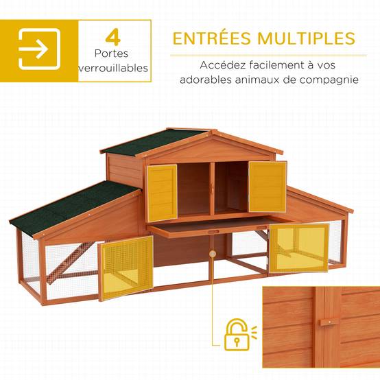 Clapier cage à lapins rongeurs poulailler XXL 2 étages 2 enclos tiroir déjection 2,25L x 0,70l x 1H m bois massif pin - Image 6