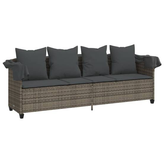 Chaise longue | Transat | Bain de soleil avec auvent et coussins gris résine tressée - Image 4