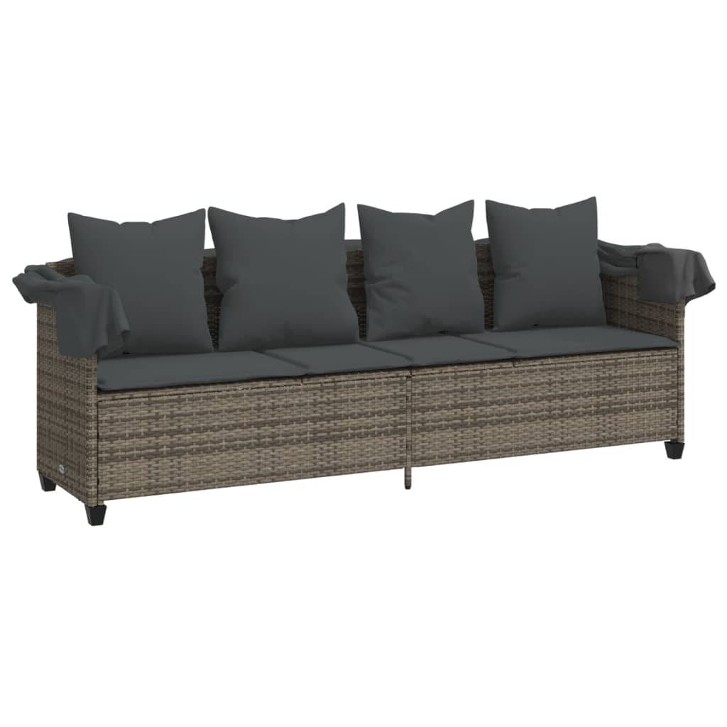 Chaise longue | Transat | Bain de soleil avec auvent et coussins gris résine tressée - Image 4