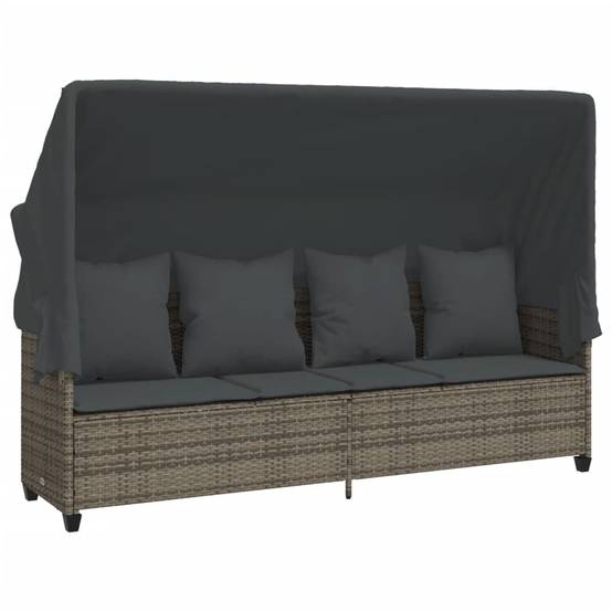 Chaise longue | Transat | Bain de soleil avec auvent et coussins gris résine tressée - Image 1