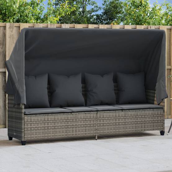 Chaise longue | Transat | Bain de soleil avec auvent et coussins gris résine tressée - Image 2