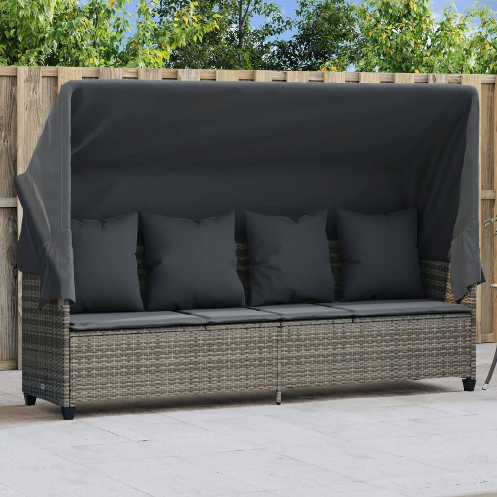 Chaise longue | Transat | Bain de soleil avec auvent et coussins gris résine tressée - Image 2