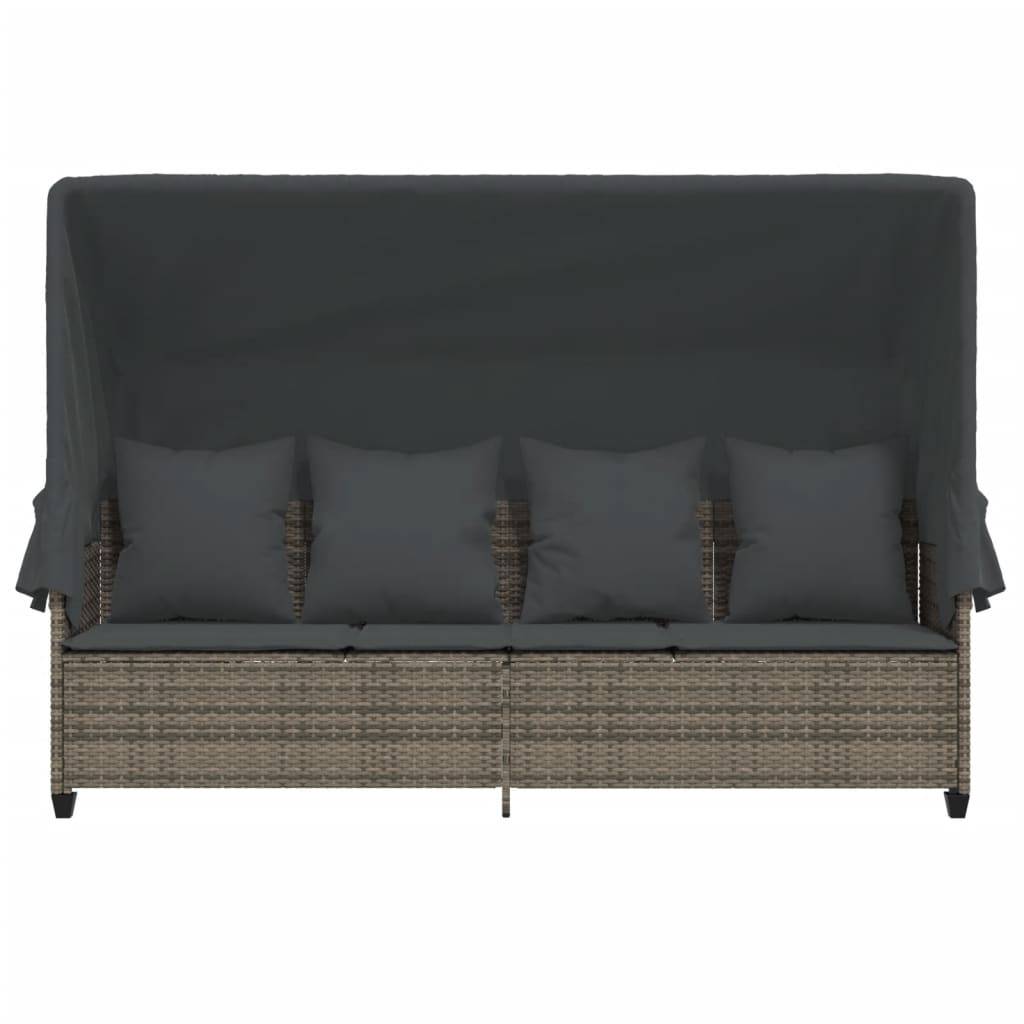 Chaise longue | Transat | Bain de soleil avec auvent et coussins gris résine tressée - Image 6