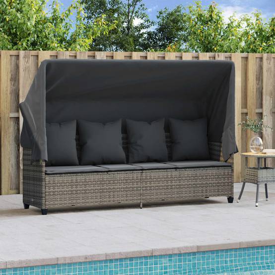 Chaise longue | Transat | Bain de soleil avec auvent et coussins gris résine tressée - Image 3