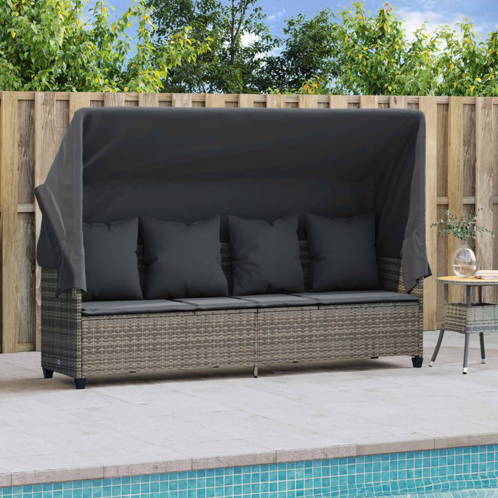 Chaise longue | Transat | Bain de soleil avec auvent et coussins gris résine tressée - Image 3
