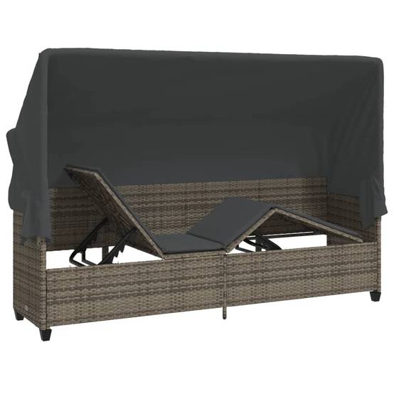 Chaise longue | Transat | Bain de soleil avec auvent et coussins gris résine tressée - Image 5