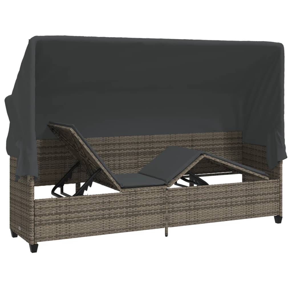 Chaise longue | Transat | Bain de soleil avec auvent et coussins gris résine tressée - Image 5