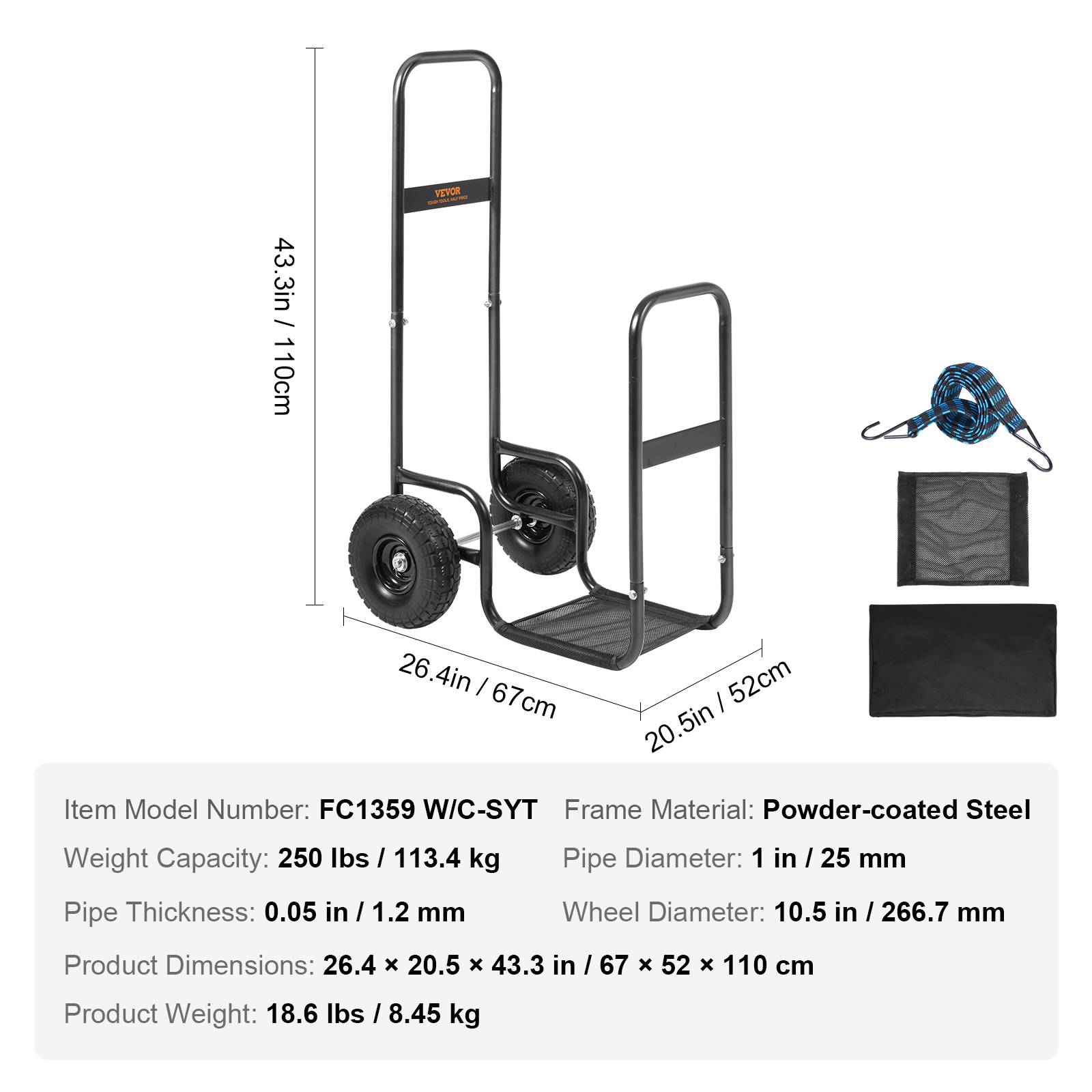 VEVOR Chariot transport bois charge 113.4kg, acier 67x52x110cm, roues PU, housse imperméable, pour cheminée, noir. - Image 7