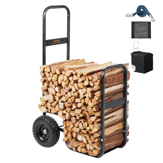 VEVOR Chariot transport bois charge 113.4kg, acier 67x52x110cm, roues PU, housse imperméable, pour cheminée, noir. - Image 1