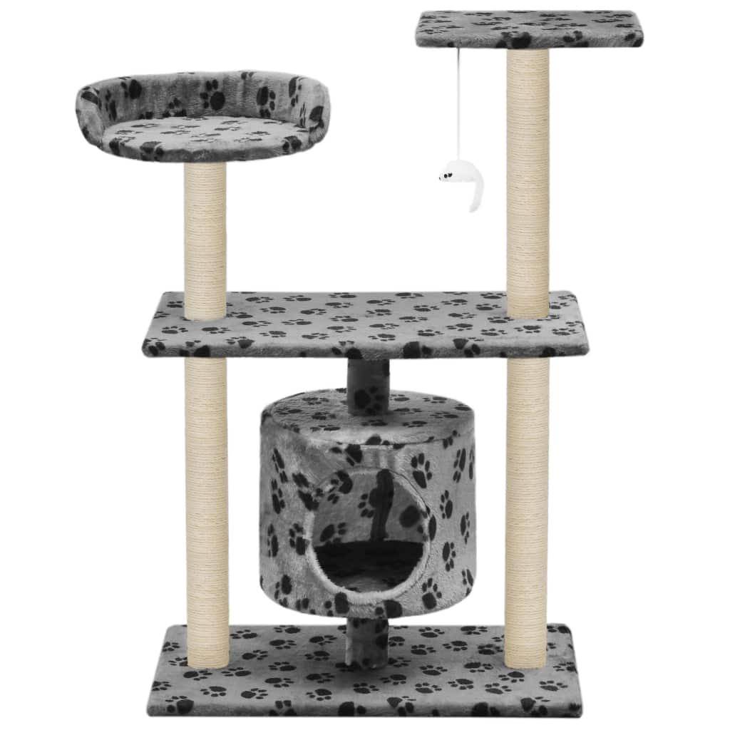 Helloshop26 - Arbre à chat griffoir grattoir niche jouet animaux peluché en sisal 95 cm gris motif de pattes - Image 3