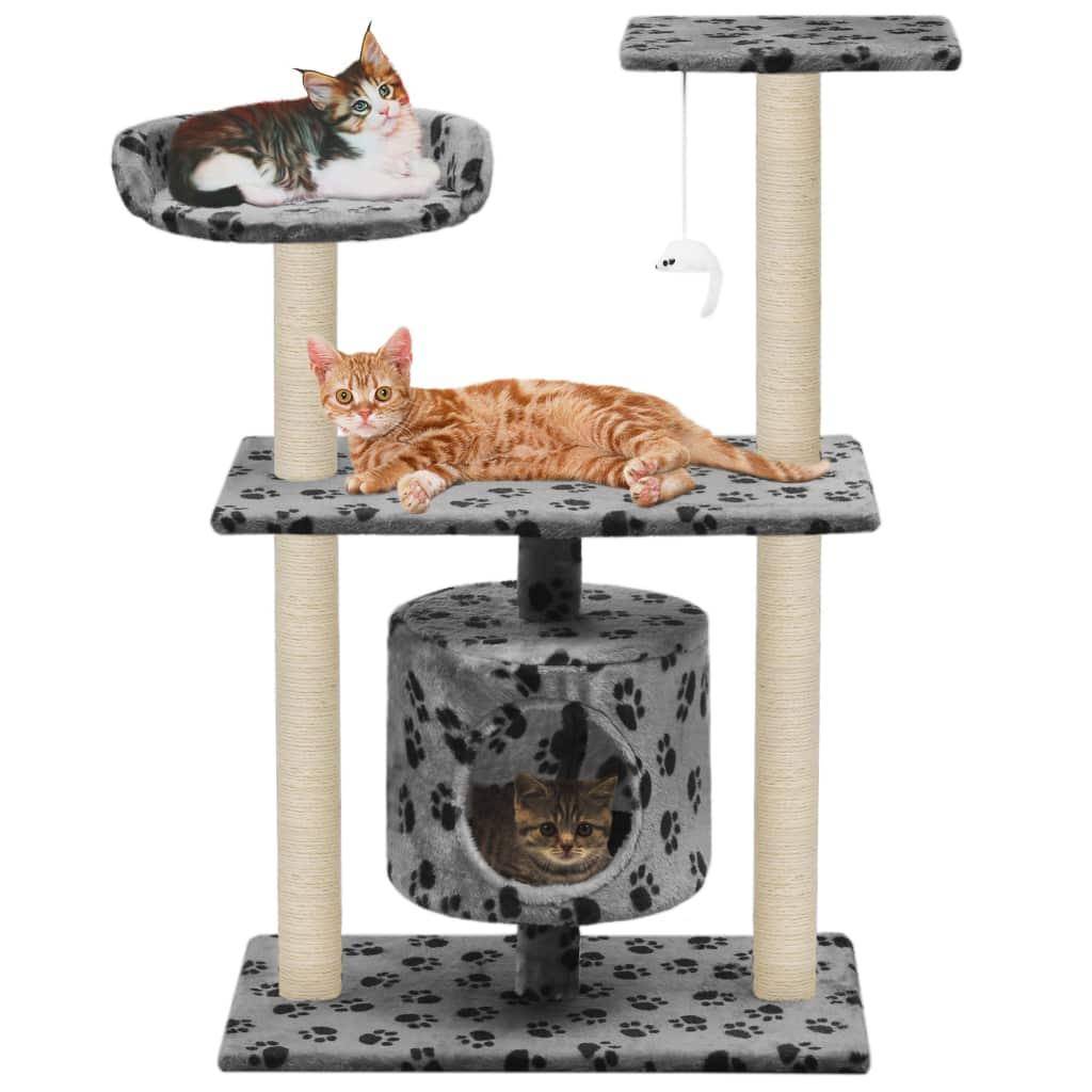 Helloshop26 - Arbre à chat griffoir grattoir niche jouet animaux peluché en sisal 95 cm gris motif de pattes - Image 1