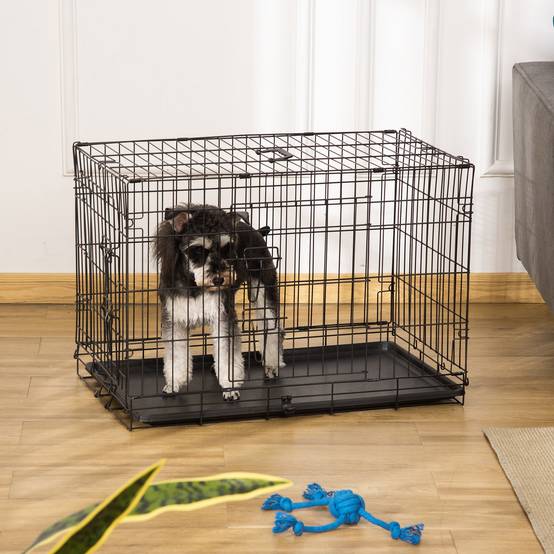 Cage Transport Chien Chat Métal Pliable Voyage Sécurisée 2 Portes 76cm Noir - ComfortXL Pet Living - Image 1