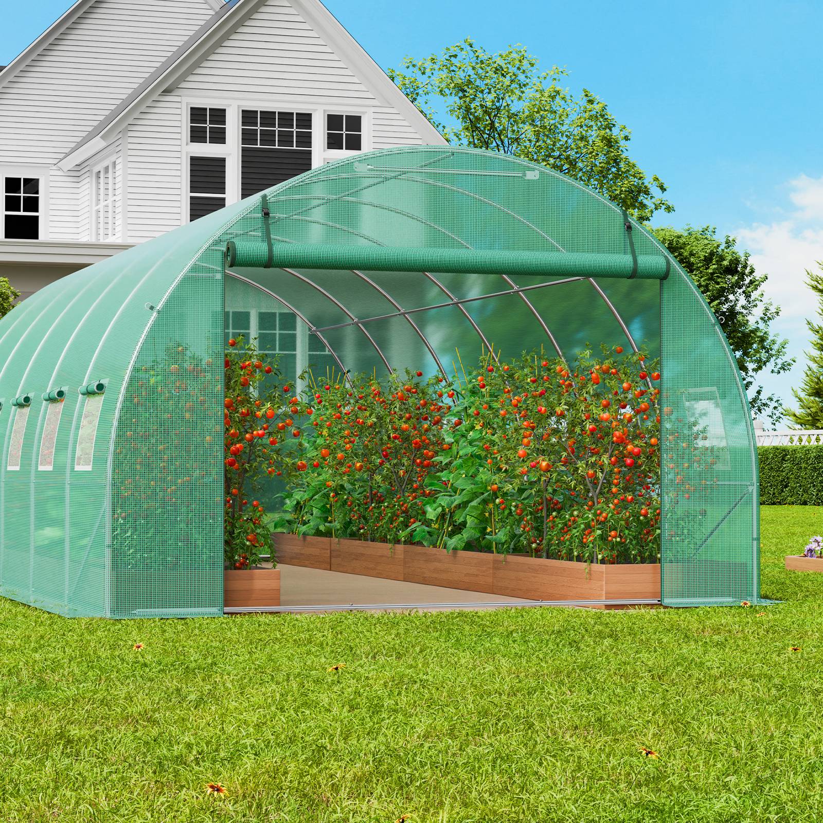 Vevor - VEVOR Serre tunnel 590x295x198 cm, cadre acier galvanisé, couverture PE 140 g/m² résistante UV, porte zippée enroulable, 12 fenêtres, pour extérieur. - Image 8