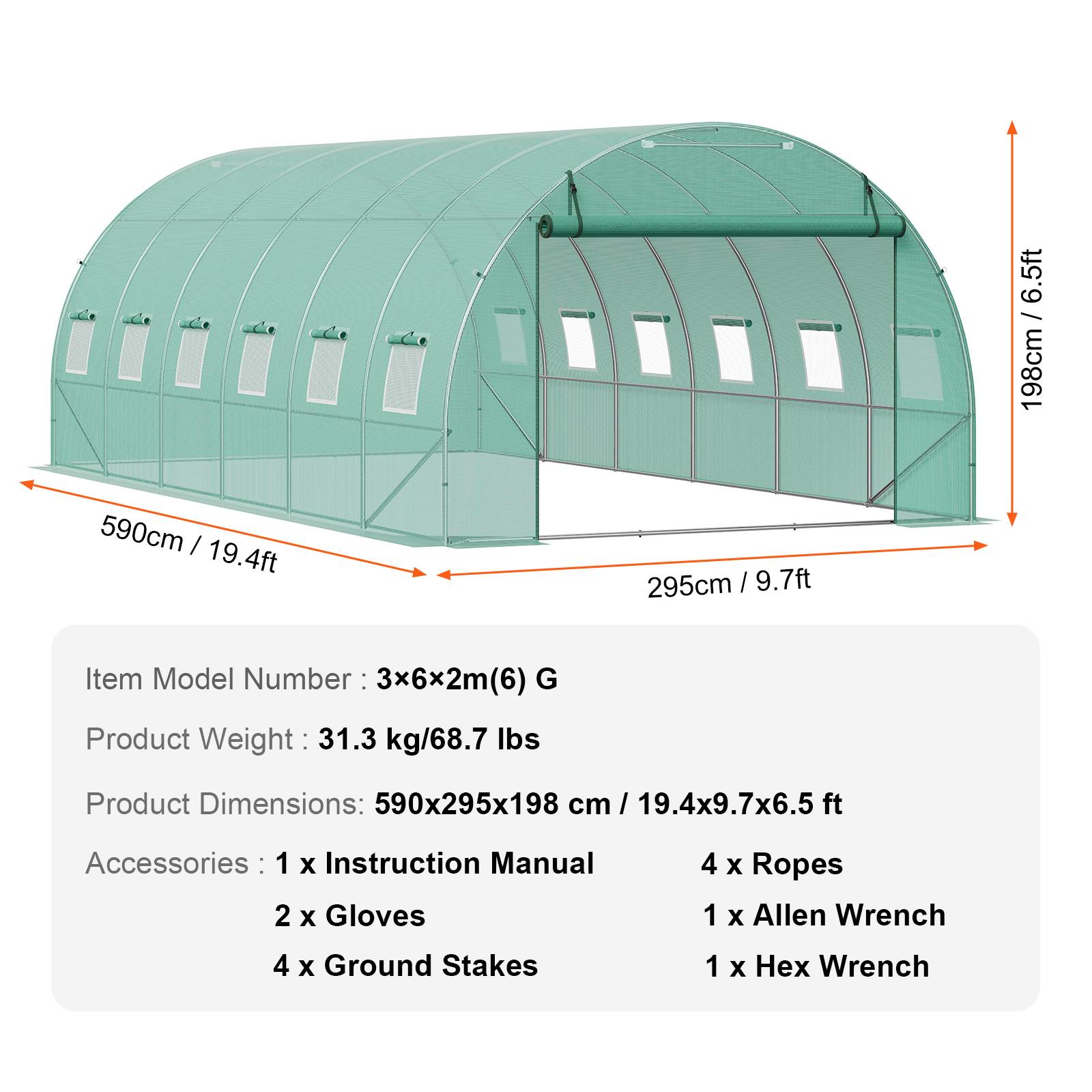 Vevor - VEVOR Serre tunnel 590x295x198 cm, cadre acier galvanisé, couverture PE 140 g/m² résistante UV, porte zippée enroulable, 12 fenêtres, pour extérieur. - Image 6