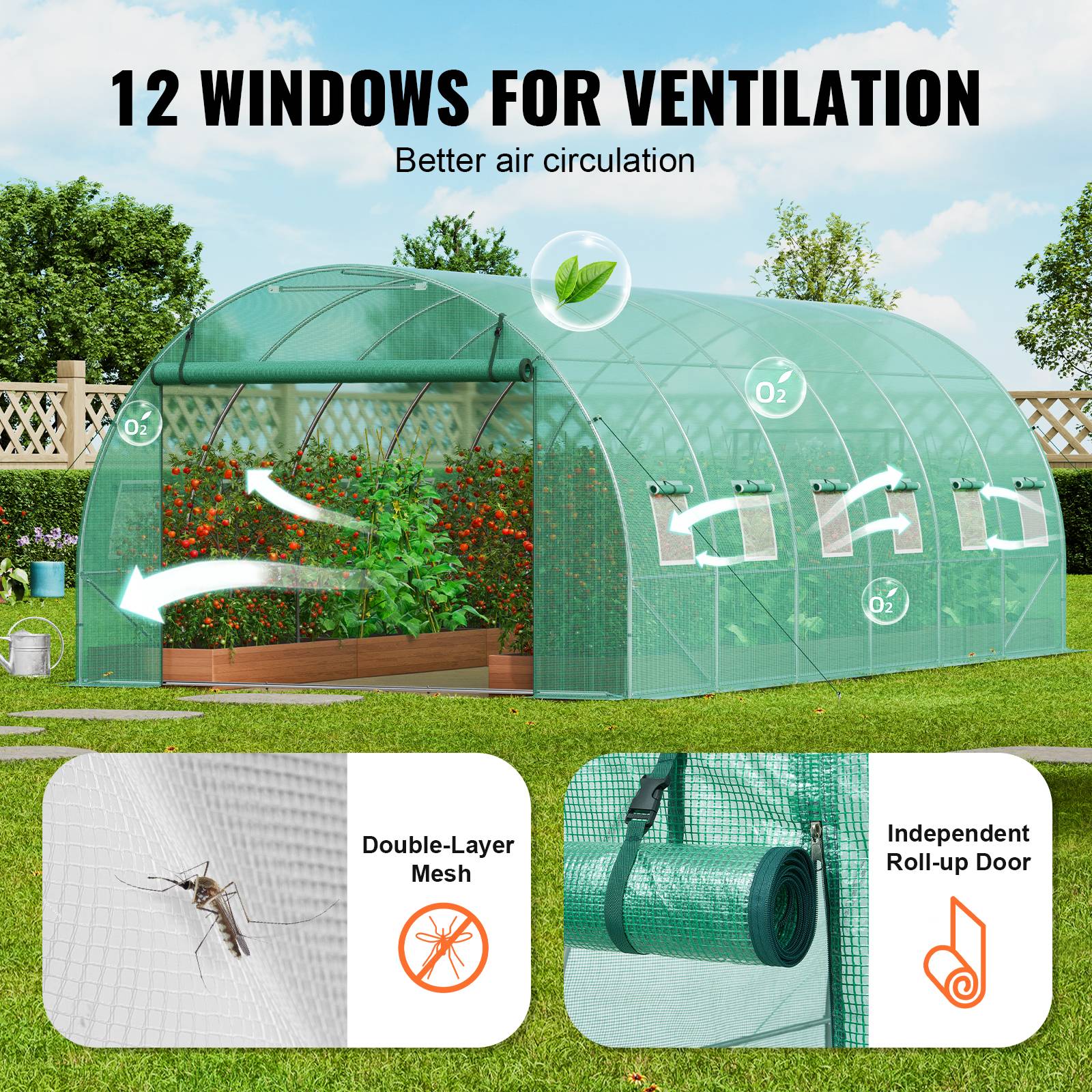 Vevor - VEVOR Serre tunnel 590x295x198 cm, cadre acier galvanisé, couverture PE 140 g/m² résistante UV, porte zippée enroulable, 12 fenêtres, pour extérieur. - Image 5