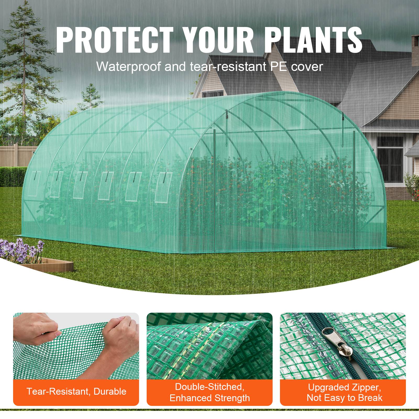 Vevor - VEVOR Serre tunnel 590x295x198 cm, cadre acier galvanisé, couverture PE 140 g/m² résistante UV, porte zippée enroulable, 12 fenêtres, pour extérieur. - Image 3