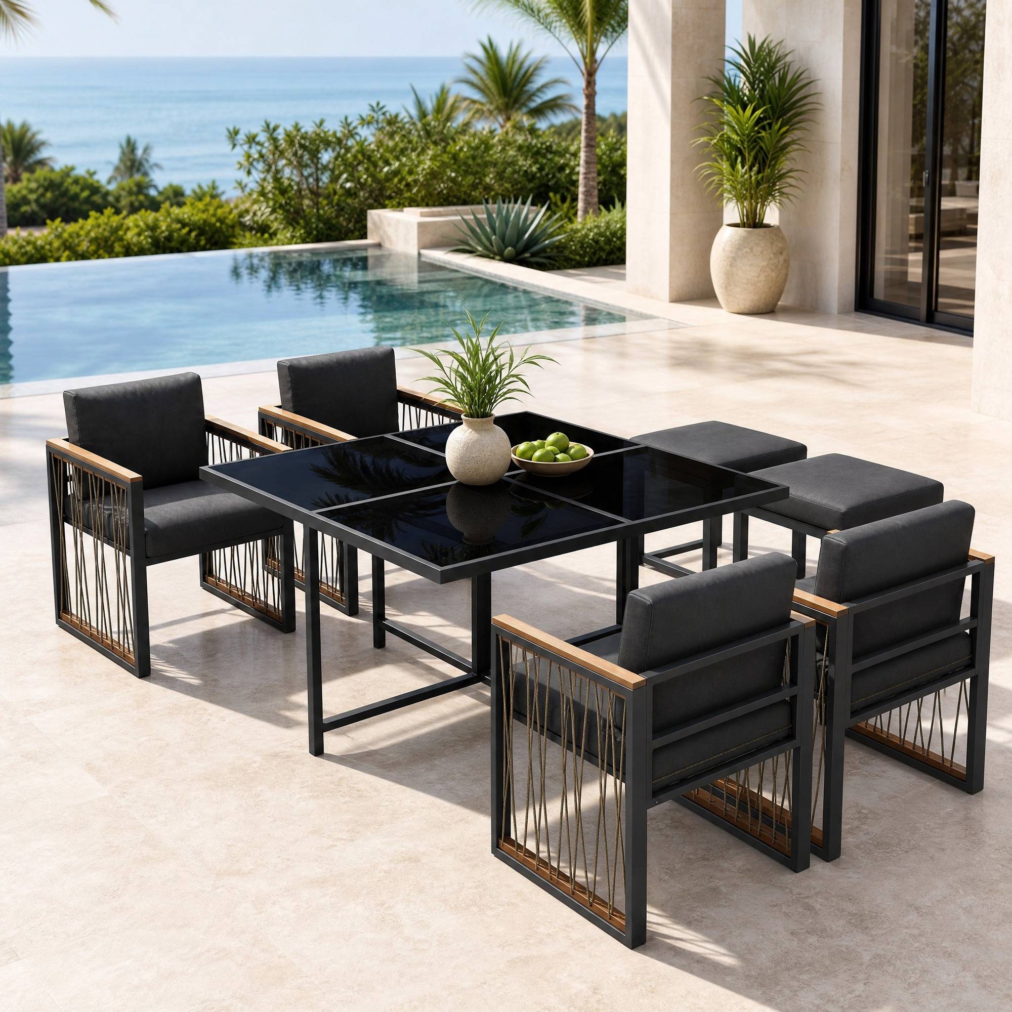 Salon de Jardin avec 4 Fauteuils 2 Repose-pieds et 1 Table 6 places Noir Naturel - Image 3