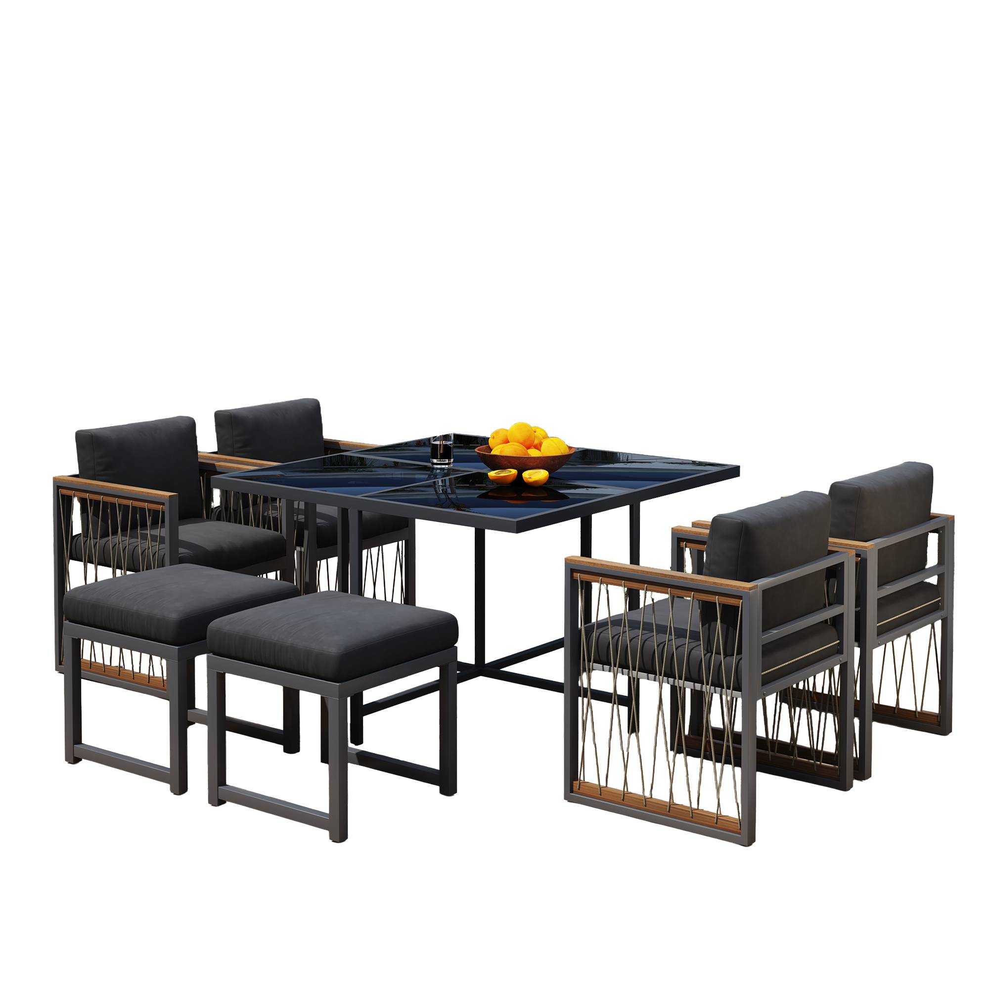 Salon de Jardin avec 4 Fauteuils 2 Repose-pieds et 1 Table 6 places Noir Naturel - Image 1
