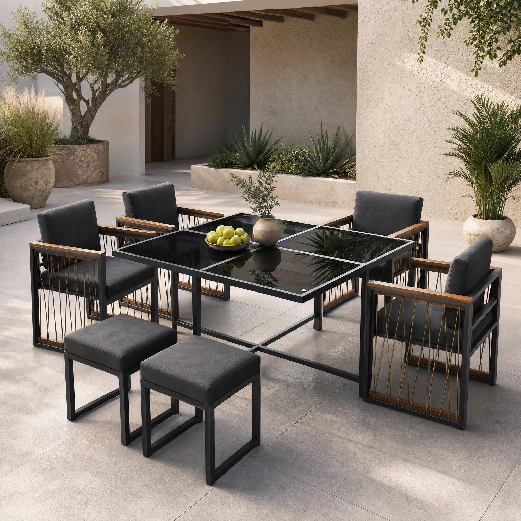 Salon de Jardin avec 4 Fauteuils 2 Repose-pieds et 1 Table 6 places Noir Naturel - Image 2