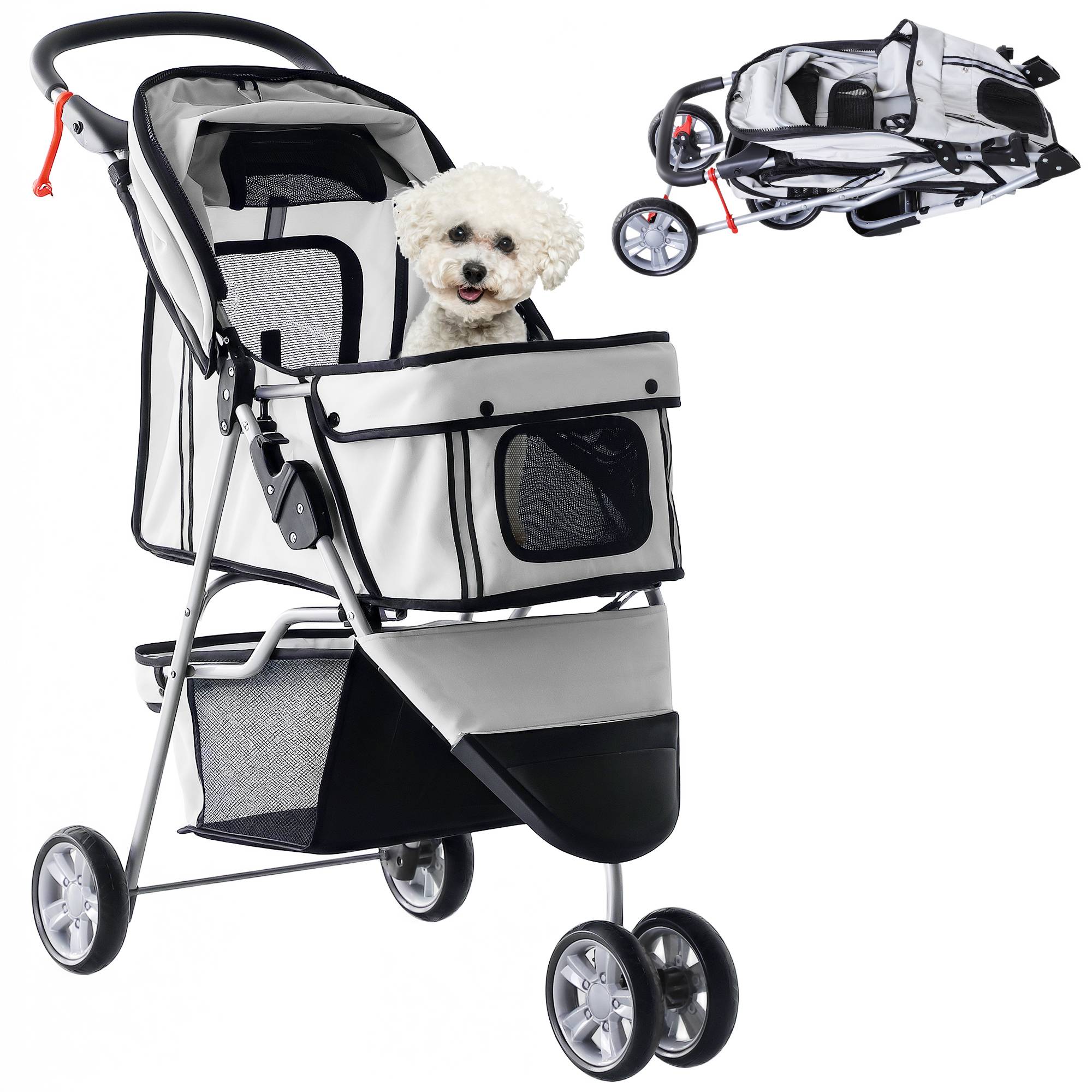 Poussette pour petit chien avec panier de rangement, fenêtres en filet et 2 roues universelles, 75 x 45 x 97 cm, grise - Image 1