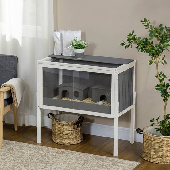 Cage en bois pour hamster avec 2 portes en acrylique et 2 niches pour petits animaux, 82 x 45 x 81 cm, gris foncé - Image 4