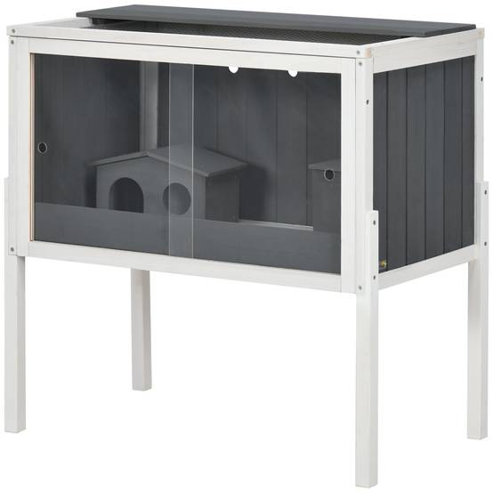 Cage en bois pour hamster avec 2 portes en acrylique et 2 niches pour petits animaux, 82 x 45 x 81 cm, gris foncé - Image 2