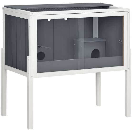Cage en bois pour hamster avec 2 portes en acrylique et 2 niches pour petits animaux, 82 x 45 x 81 cm, gris foncé - Image 1