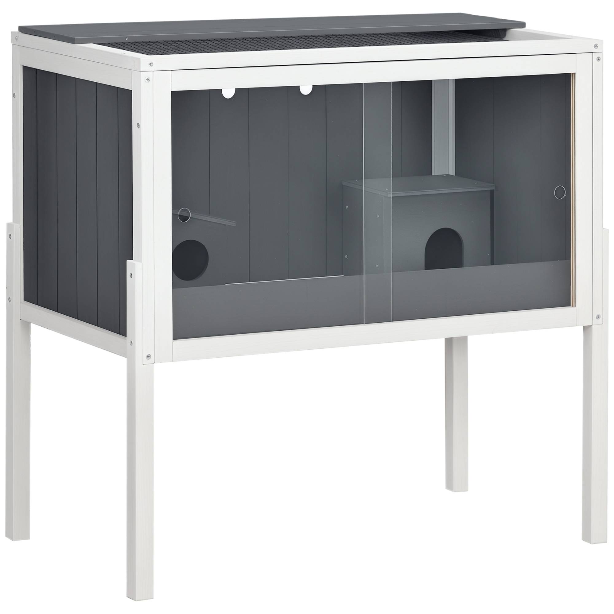 Cage en bois pour hamster avec 2 portes en acrylique et 2 niches pour petits animaux, 82 x 45 x 81 cm, gris foncé - Image 1