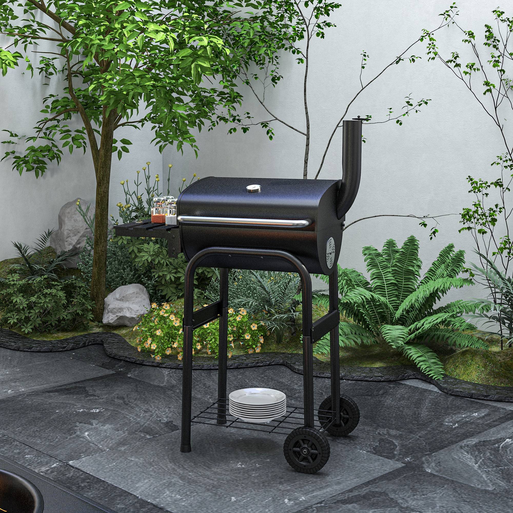 Sans Marque - Barbecue au charbon de bois chariot de BBQ, avec étagères, roulettes, couvercle, thermomètre, cheminée, en métal noir - Image 4