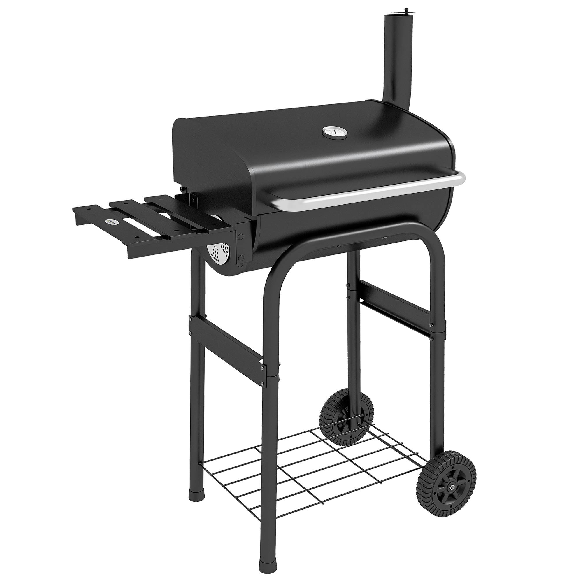 Sans Marque - Barbecue au charbon de bois chariot de BBQ, avec étagères, roulettes, couvercle, thermomètre, cheminée, en métal noir - Image 1