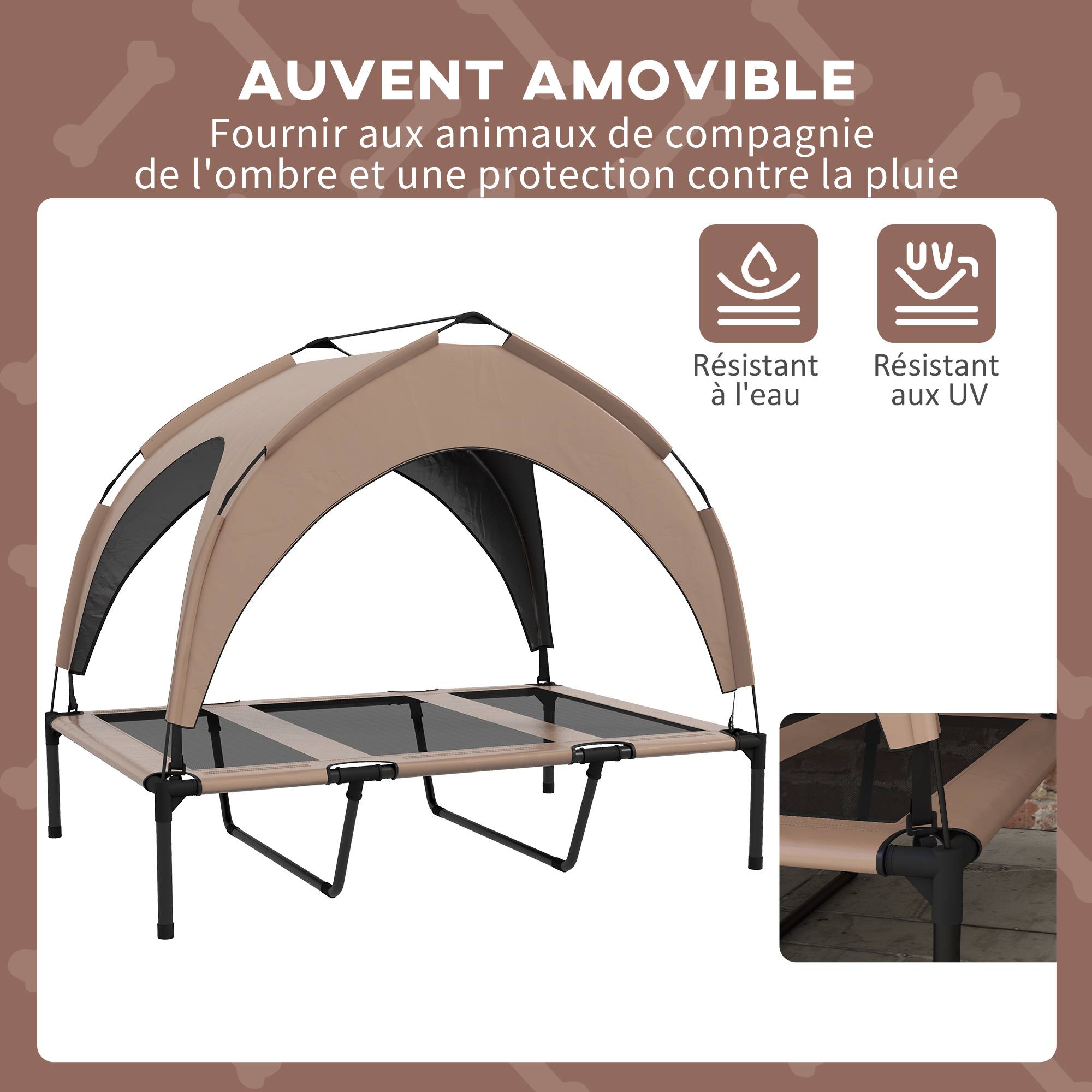 Lit surélevé chien acier oxford respirant animaux extérieur auvent anti-UV 106x76cm café - ComfortXL Outdoor Living - Image 7