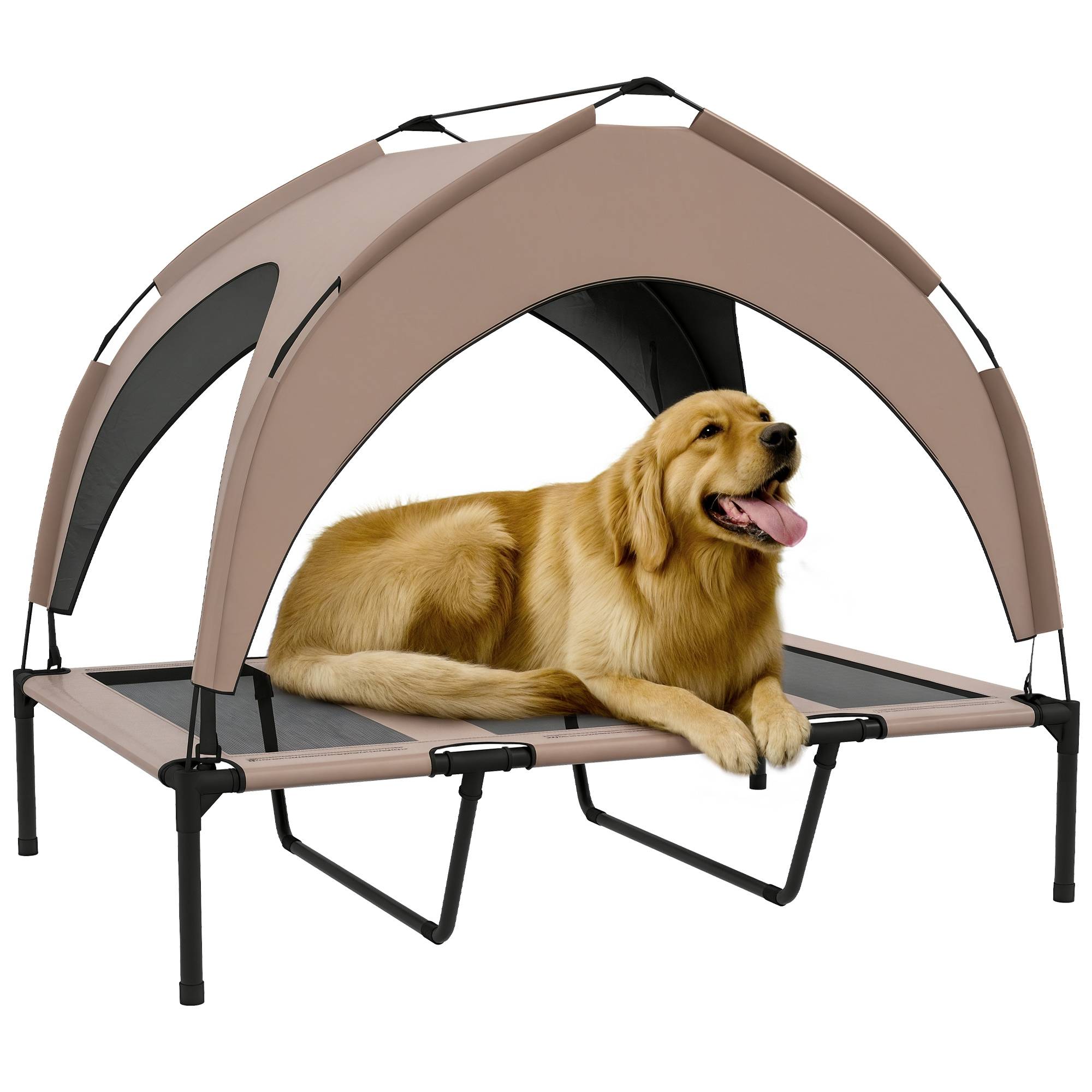 Lit surélevé chien acier oxford respirant animaux extérieur auvent anti-UV 106x76cm café - ComfortXL Outdoor Living - Image 1