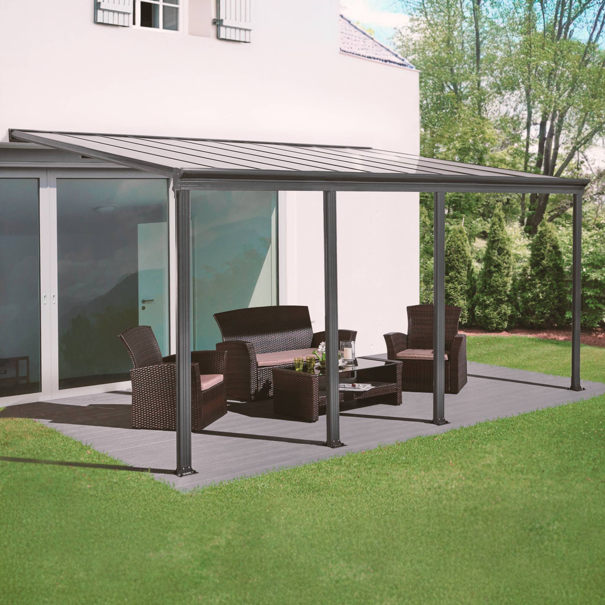 sweeek - Pergola. carport adossé 3x6m anthracite aluminium et polycarbonate avec gouttière. pergola adossée | sweeek - Image 3