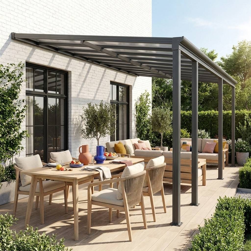 sweeek - Pergola. carport adossé 3x6m anthracite aluminium et polycarbonate avec gouttière. pergola adossée | sweeek - Image 1