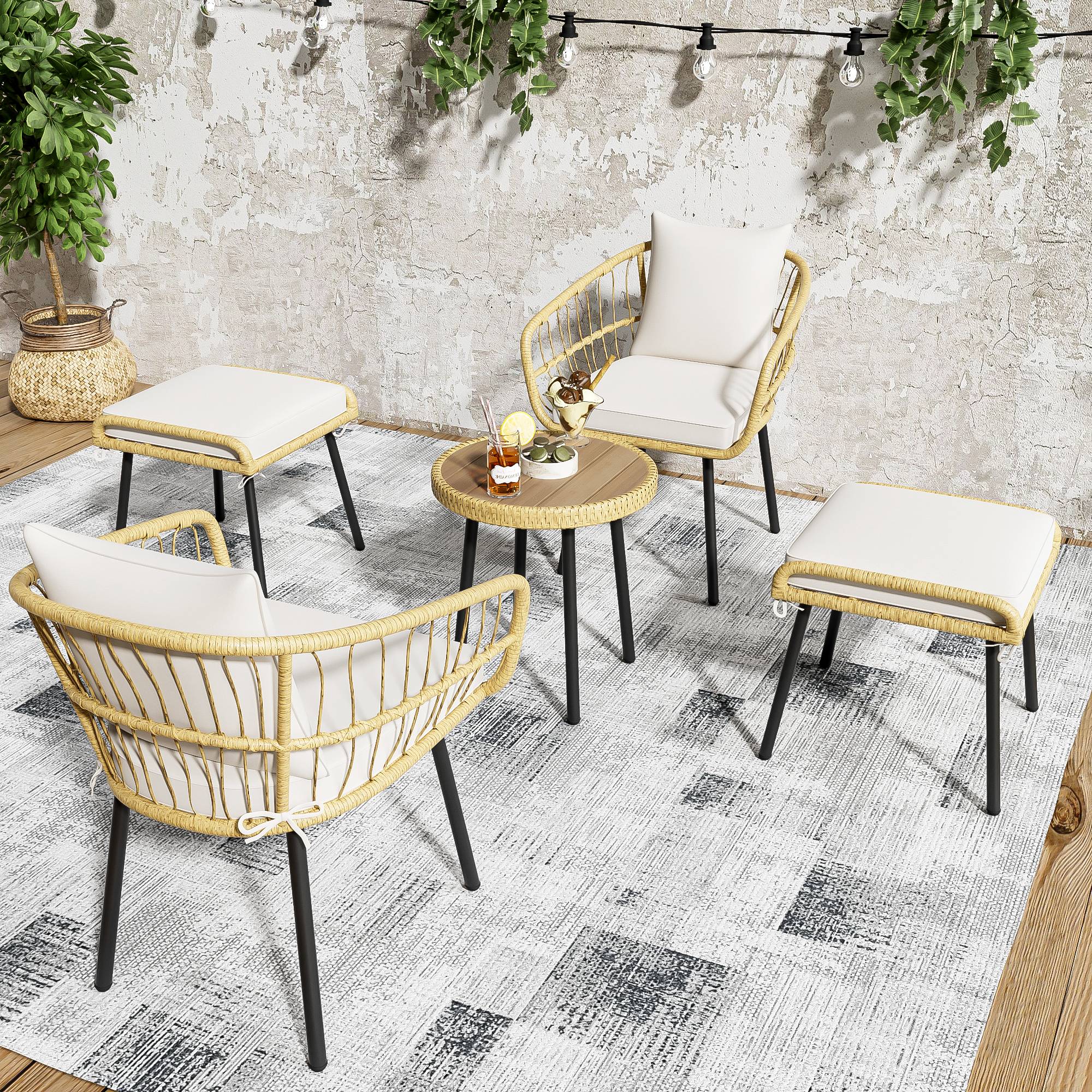 PANGIVO - Set mobilier jardin 5 pièces - Rattan, Acier, Blanc & Naturel - PANGIVO - Image 6