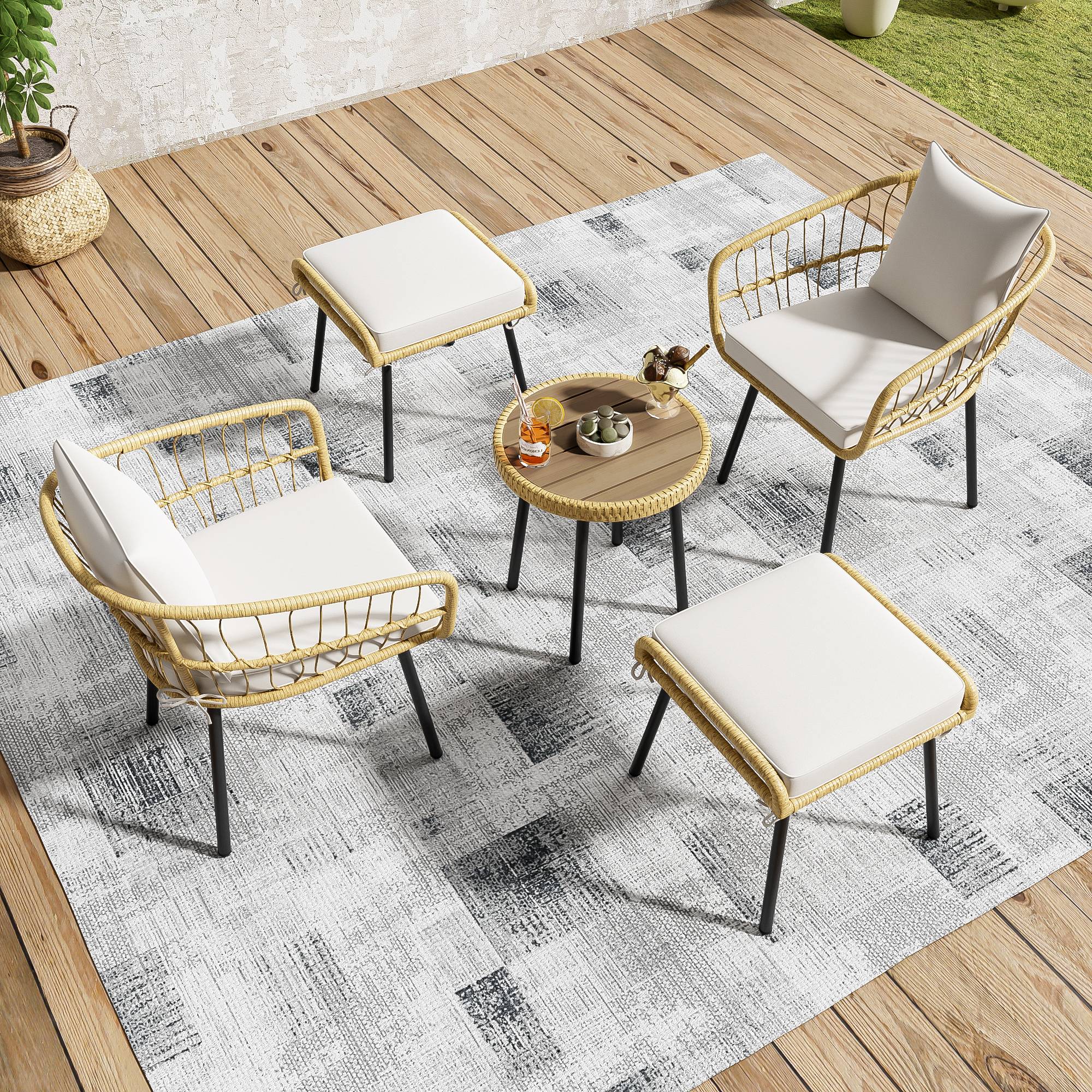 PANGIVO - Set mobilier jardin 5 pièces - Rattan, Acier, Blanc & Naturel - PANGIVO - Image 3