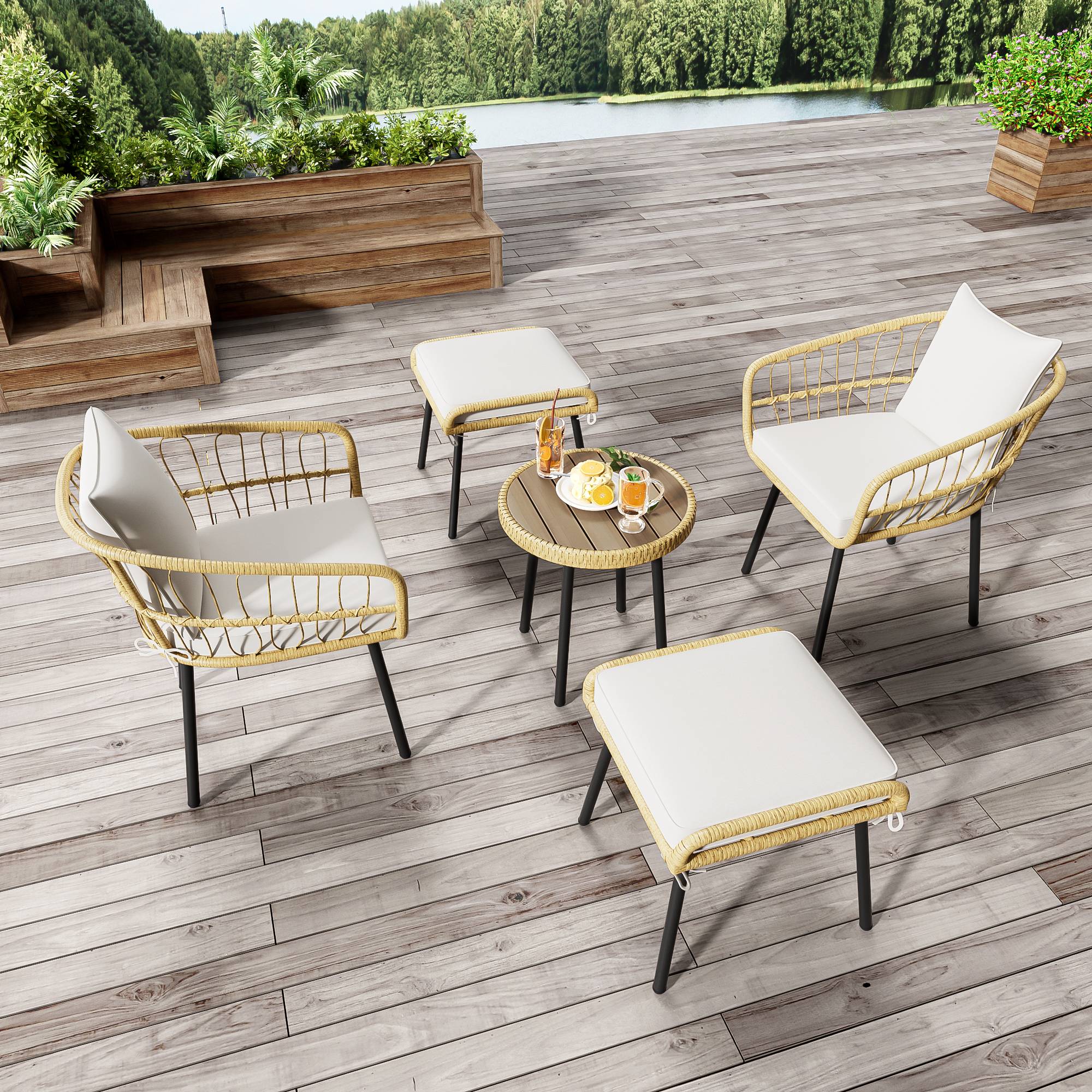 PANGIVO - Set mobilier jardin 5 pièces - Rattan, Acier, Blanc & Naturel - PANGIVO - Image 2
