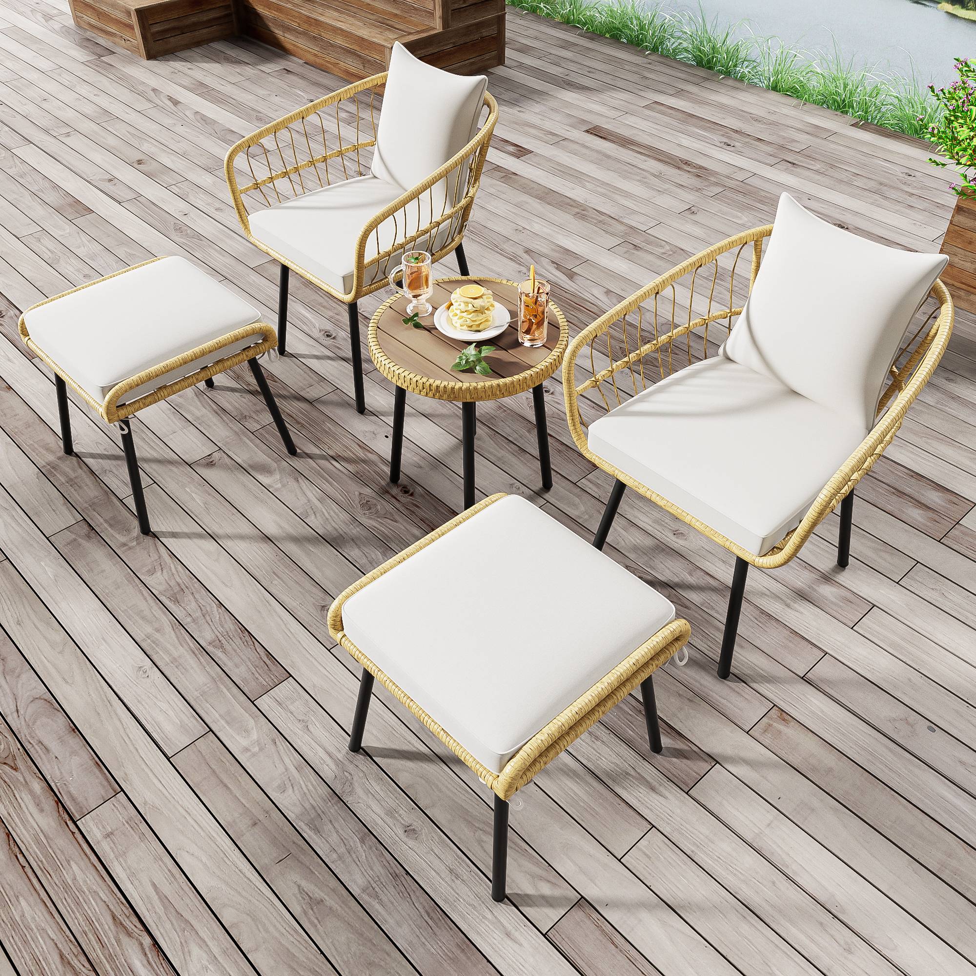 PANGIVO - Set mobilier jardin 5 pièces - Rattan, Acier, Blanc & Naturel - PANGIVO - Image 10