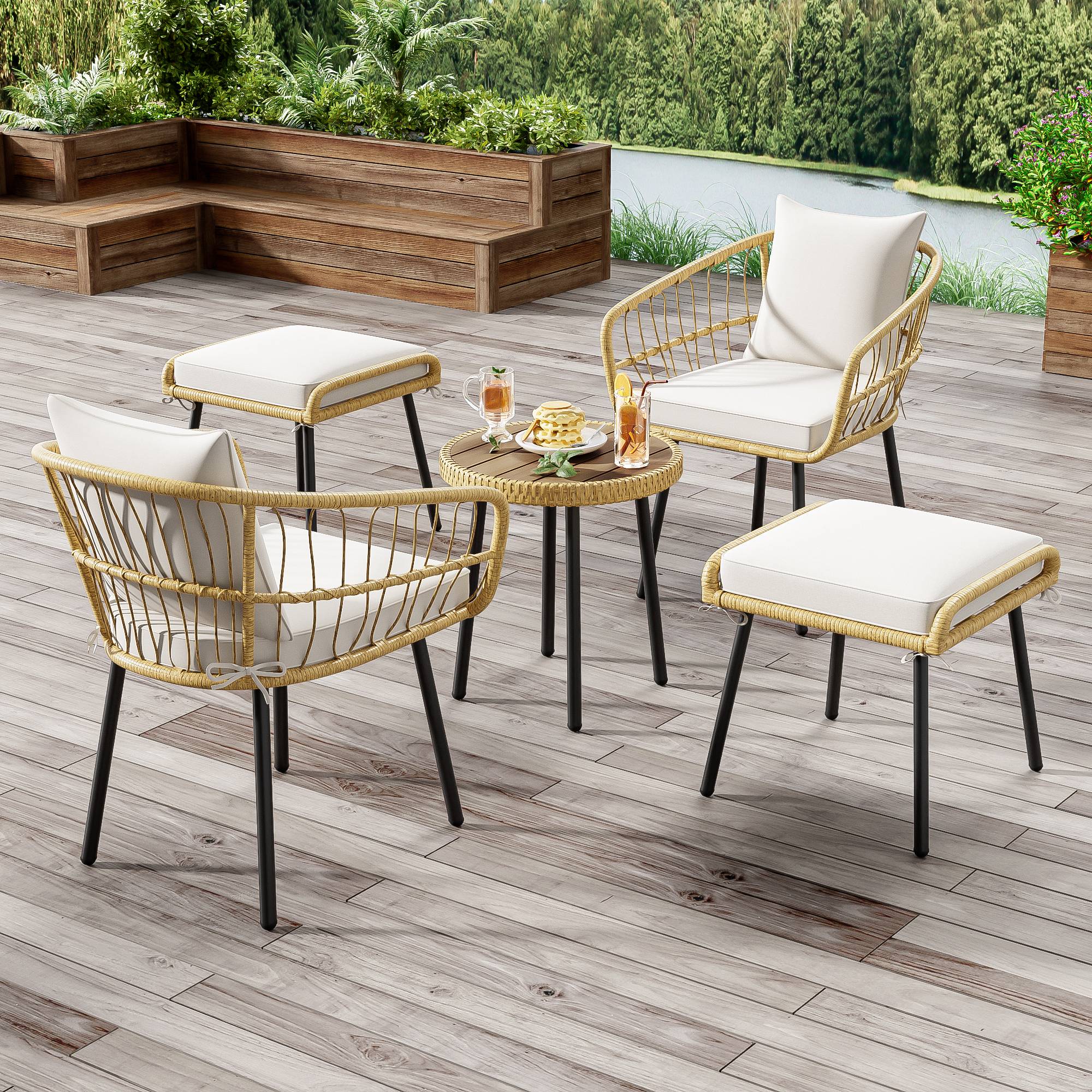 PANGIVO - Set mobilier jardin 5 pièces - Rattan, Acier, Blanc & Naturel - PANGIVO - Image 1