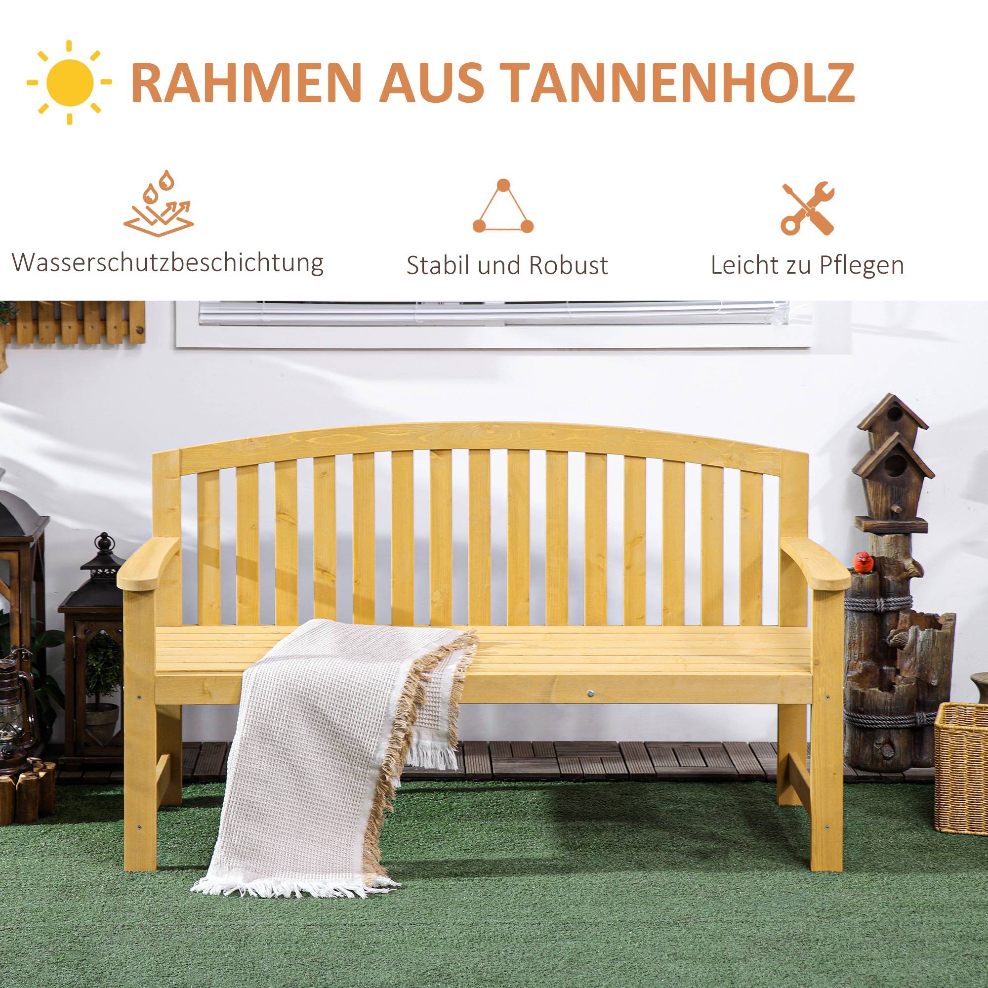Banc de jardin 2 places en bois, résistant aux intempéries, avec dossier, charge maximale 240 kg, 140 x 50 x 85 cm, orange - Image 7